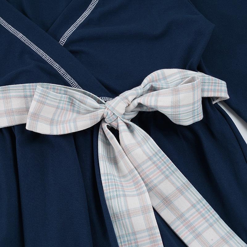 Plaid Bow Tie Lace-up Waist-cinch Babydoll Top - European/American Sweet Style Long-sleeve T-Shirt