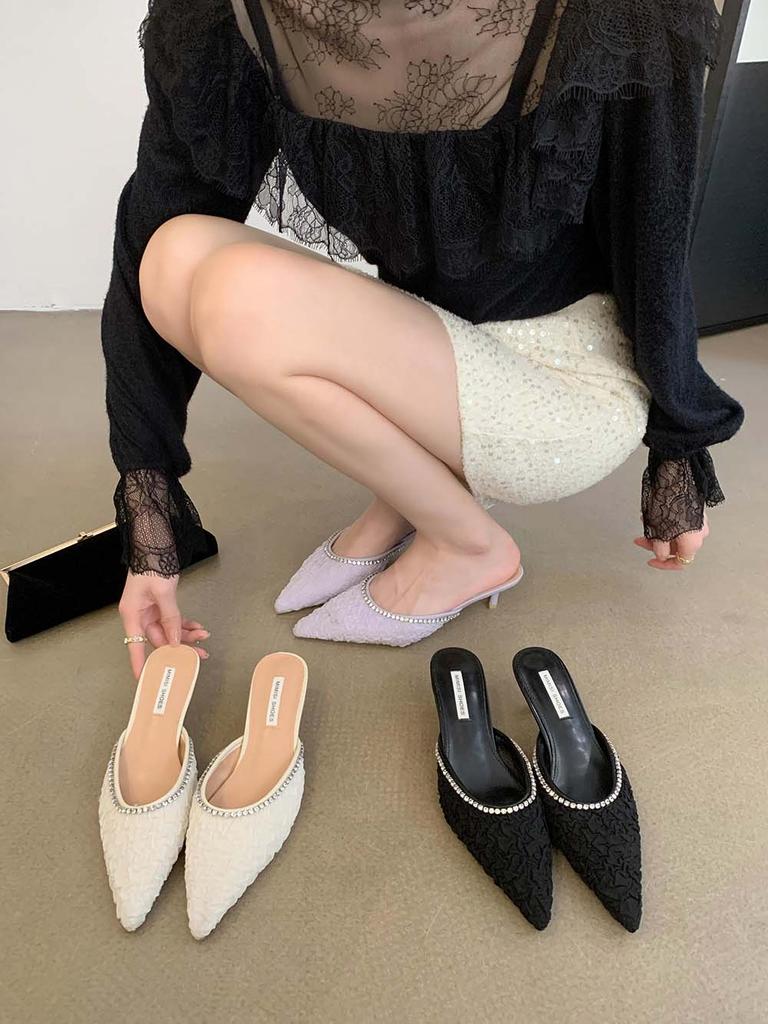 fashion Fashion Women Slides Slippers Pointed Toe Summer Outside Mules Shoes Thin Low Heeled Rhinestone Chain Casual Slip On Pumps 35-39