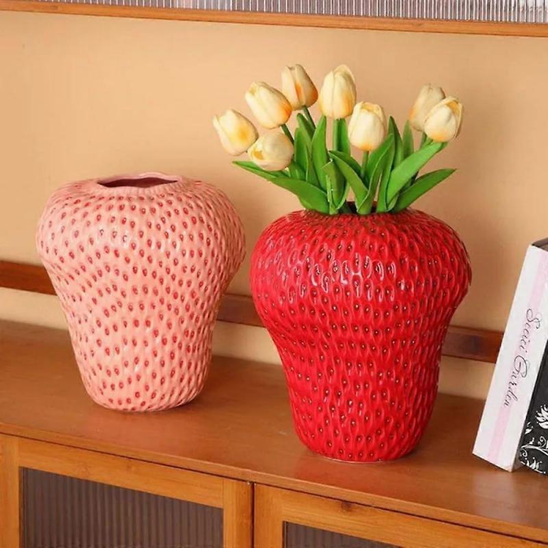 Strawberry Shaped Ceramic Vase Rose L Hand Painted Glazed Pink Large For Home Floral Arrangements