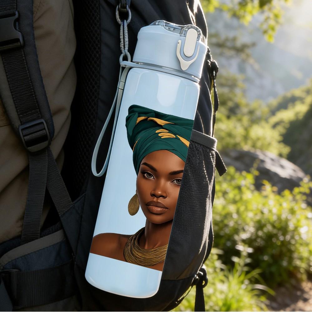 1PC African Woman Ethnic Art Portrait Print 750ml Color Plastic Sports Water Bottle Leakproof Flip Straw Lid Suitable for Sports Office Home Use