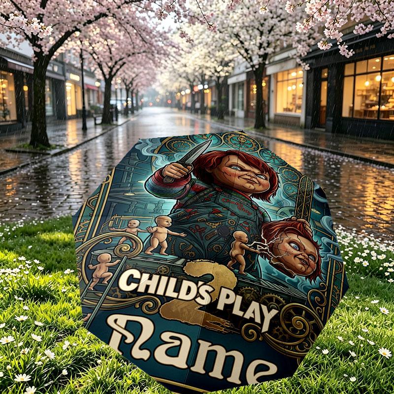 Custom Name Personalized Horror Theme Chucky Print Umbrella, Auto Open Close, 8‑Rib Sturdy Frame, Commute Camping Hiking Use, Birthday Gift