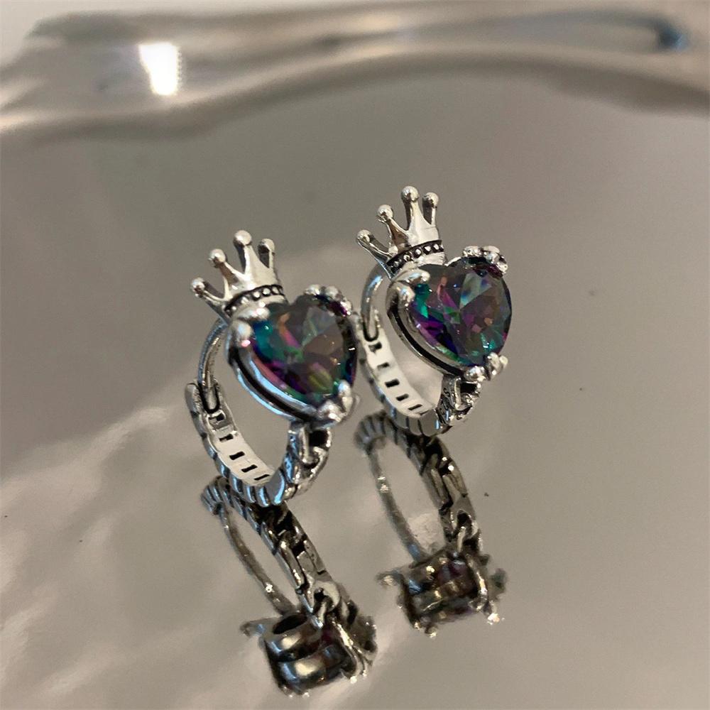 Love Heart Stone Rainbow Zircon Crown Hoop Earrings For Women Vintage Silver Color Small Ear Buckle Wedding Jewelry Party Gifts