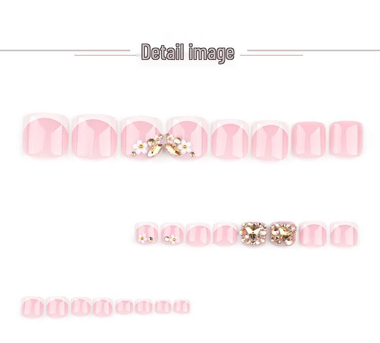 French White Edge Rhinestone Press-On Toenails with Flower Nail Art - Super Sparkly Nail Tips