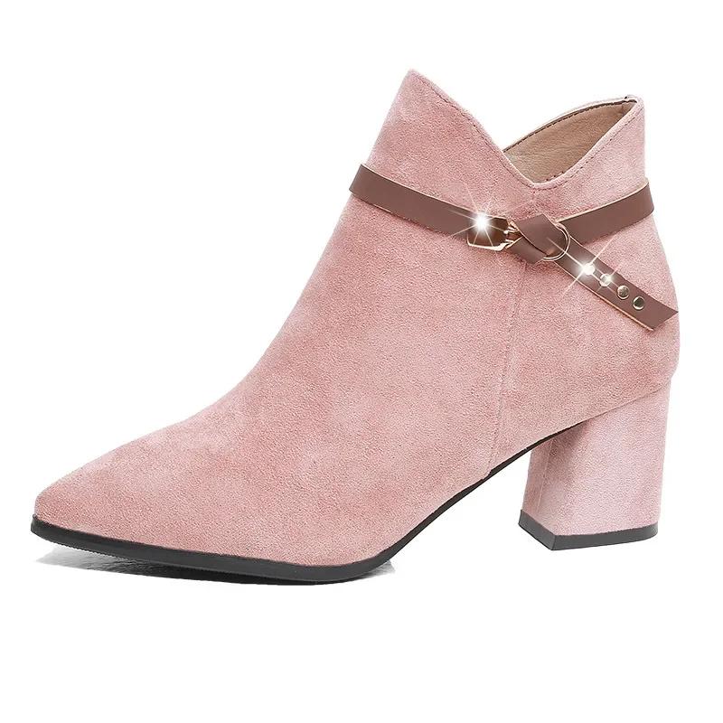 Women Boots Casual Leather Low High Heels Spring Shoes Woman Pointed Toe Rubber Ankle Boots Black Red Zapatos Mujer452