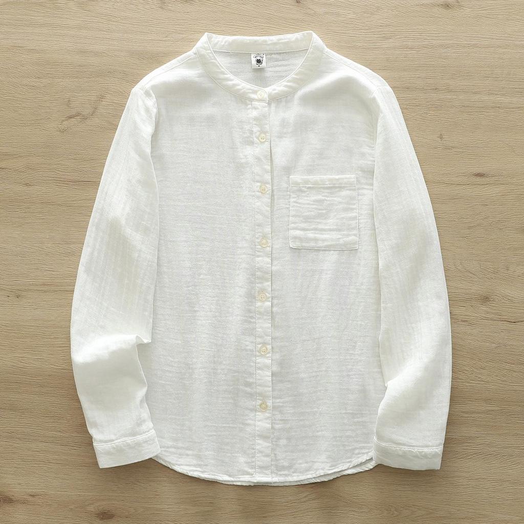 Women's Stand Collar Pure Cotton Shirt - Loose Double Layer Cotton Gauze