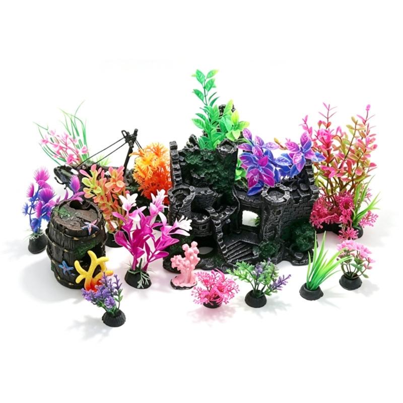 Aquarium Landscape Props with 17 Mixed Plant for Fishtank Decoration Use, Indoor Tanks Underwater Decoration and Home Styling Use