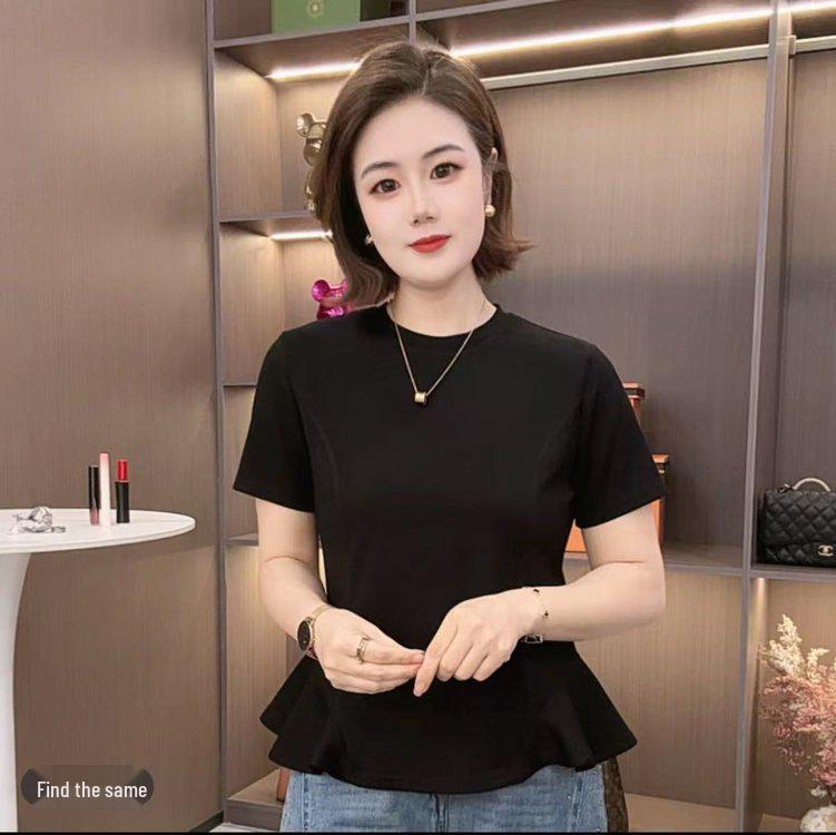 2026 Summer Women's Ruffle Hem Jelly Cotton Slim Fit T-shirt, Round Neck, Short Sleeve, Solid Color
