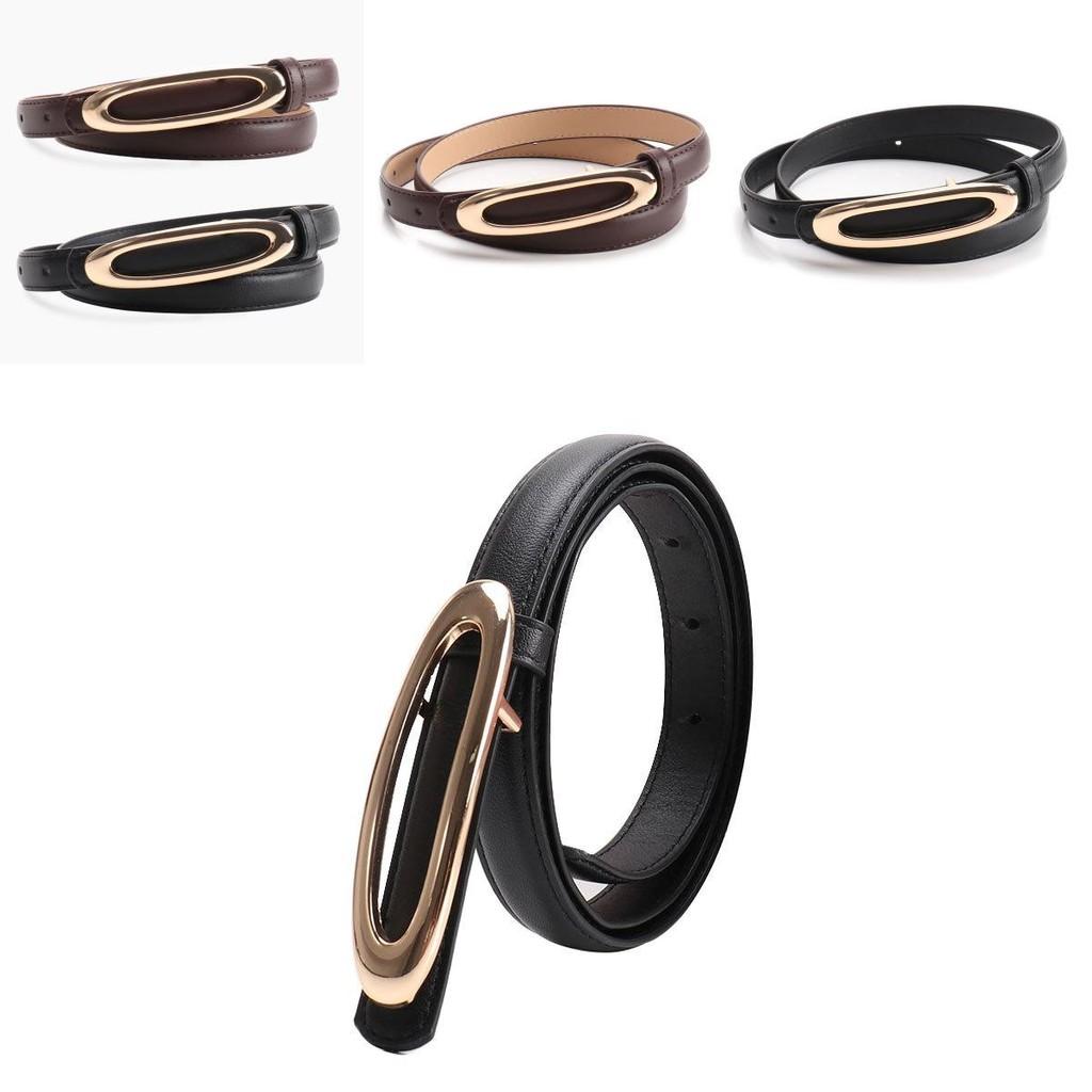 Minimalist Women Leather Belt With Elliptical Flat Buckle For Casual Dress And Jeans