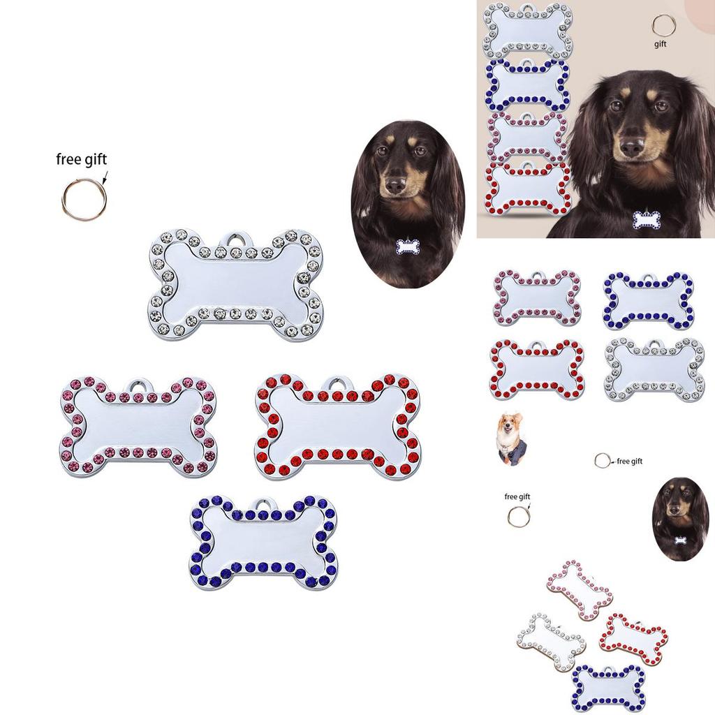 Pet Tag With Bone Shape And Sparkling Diamond Edge Stylish Metal Tag For Dogs