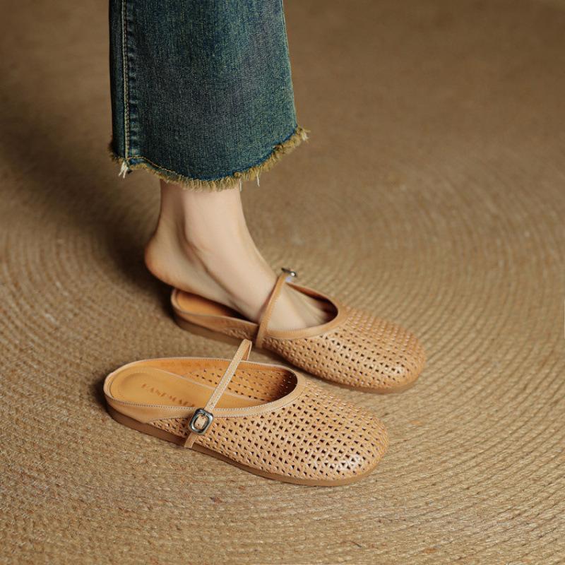 Summer Women's Baotou Slippers Casual Solid Color Flat-bottomed Slippers Women's Genuine Leather Beef Tendon Soft Bottom Cool Slippers New Foot Cover