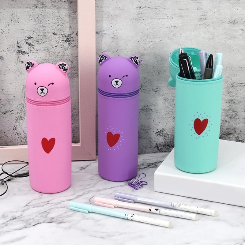 Cartoon Bear Pen Bag Large Compartment Zippered Silicone Pencil Case Standing Up Pen Holder Pencil Bag Gift for Student