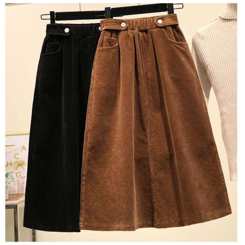 Übergröße Damen Herbst- und Winter Cordrock Retro Midilänge Neuer Stil Mm Hohe Taille Khaki Locker und Schlank