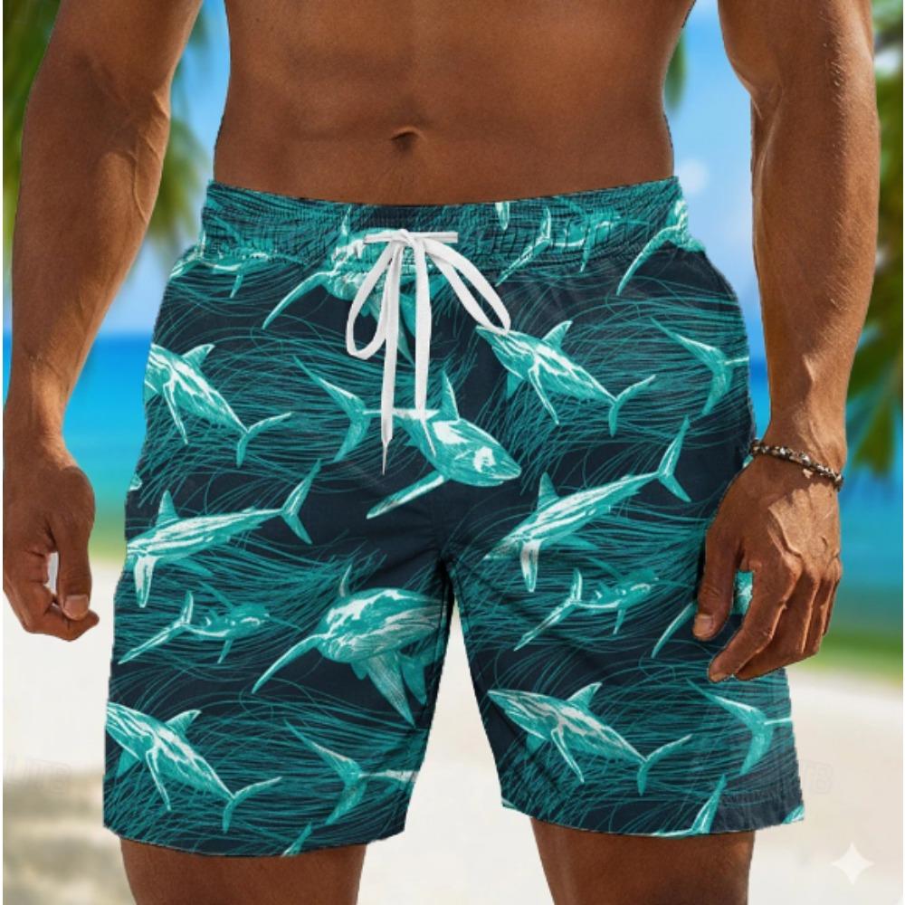 Men's Shark Print Shorts Swim Shorts Swim Trunks Mid Waist Hawaiian Boho Casual Daily Holiday Drawstring Elastic Waist