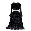 Fall and Winter Socialite Horn Long Sleeves Diamond Velvet Dress