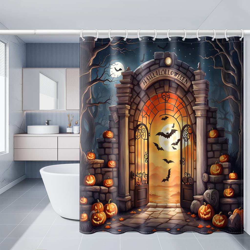1pc Simulated Window Pumpkin Tree Halloween Bat Shower Curtain with Plastic Hooks, Decorated In Autumn and Winter Style