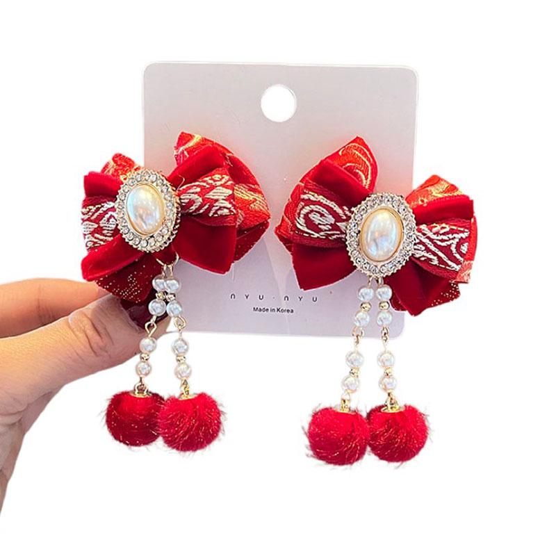 Red New Year Pearl Tassel Pompon Hair Clips for Children - Hanfu Style
