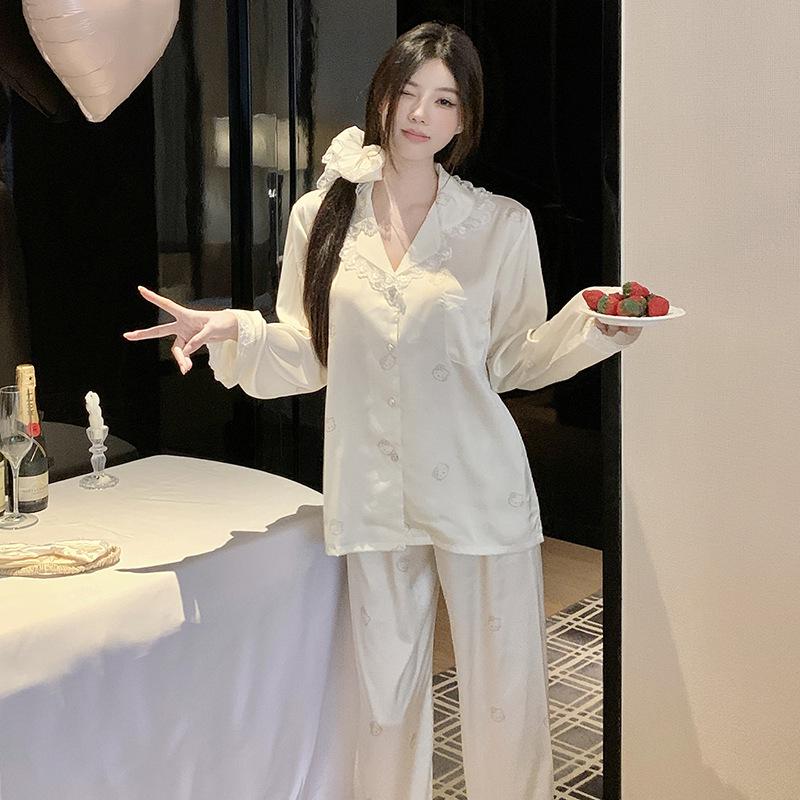 2025 Women's Ice Silk Pajama Set: Cute Kitty, Long-Sleeve for Spring and Autumn
