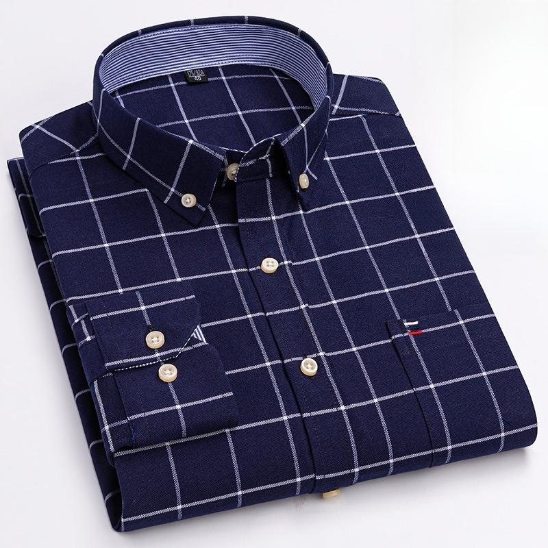 Men's Oxford Long Sleeve Square Collar Soild Plaid Striped Summer Casual Shirts Single Pocket  Shirt