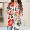 Women Plus Size Open Front Long Sleeve Draped Collar Floral Printed Black Curved Hem Cardigan