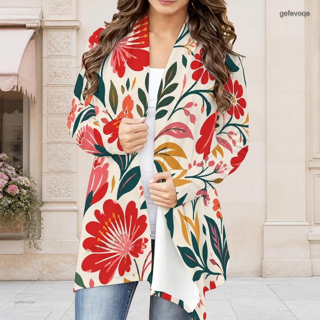 Women Plus Size Open Front Long Sleeve Draped Collar Floral Printed Black Curved Hem Cardigan