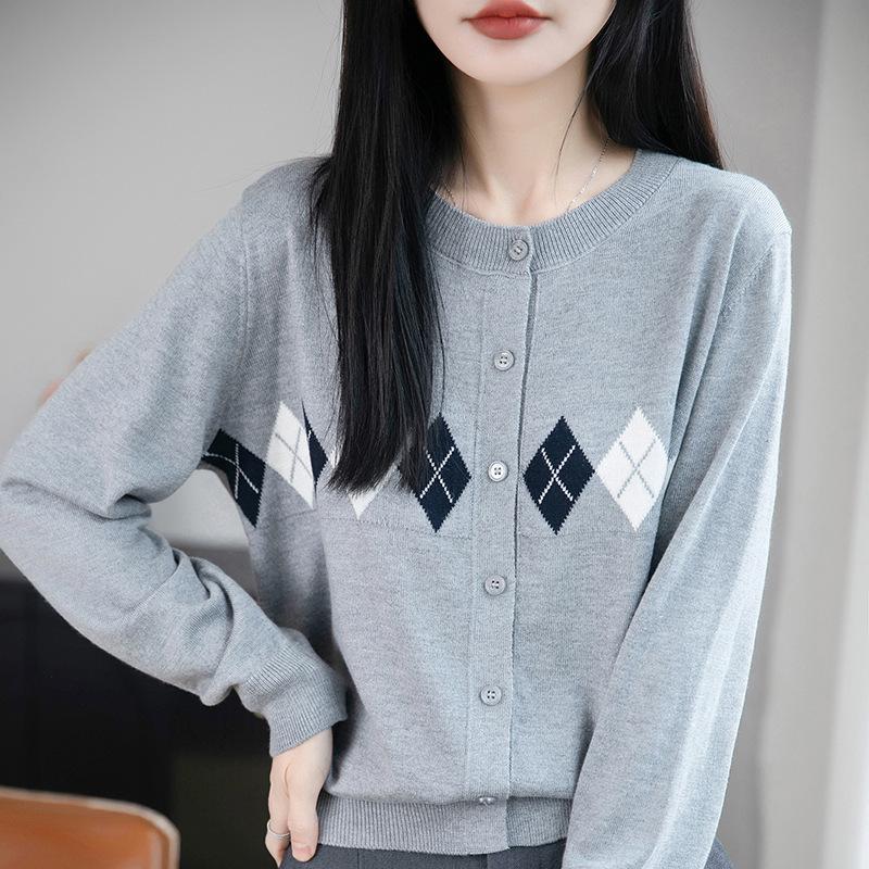 Spring and Autumn New Style Diamond Pattern Color-blocked Women's Knitted Cardigan with Checkered Jacquard Layering Sweater for Women