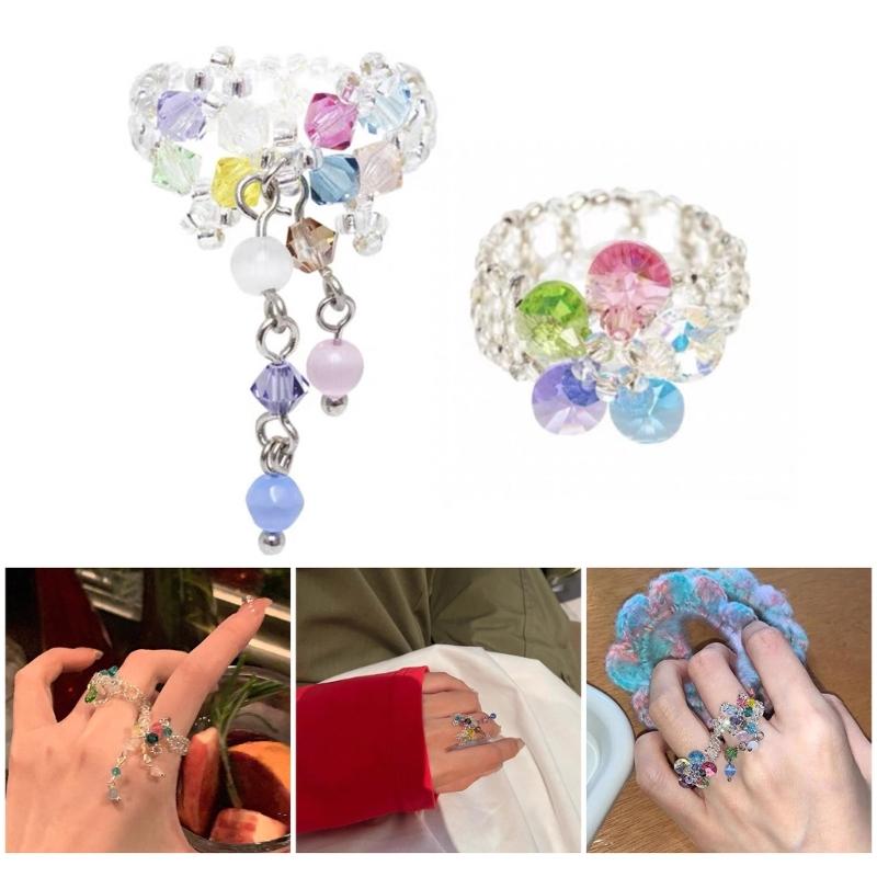 Fashionable Crystal Beaded Floral Rings Tassels Flower Rings Adjustable Finger Rings Jewelry Stylish Accessory for Women