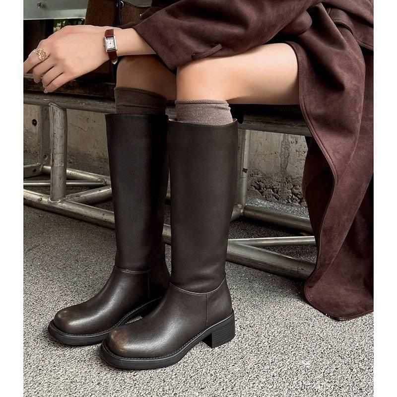 New women's leather Martin boots solid color thick-soled non-slip cowhide high boots medium heel large size women's boots sleeve leather boots