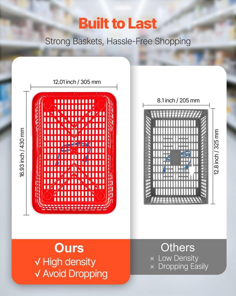 Shopping Baskets, 4 PCS, 21L Stackable PE Plastic Grocery Baskets with Handles, Dense Mesh Structure, Holds up to 9.07kg, Portable for Grocery,
