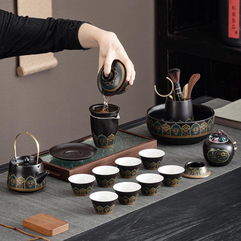 High-end tea set Black ancient rhyme lifting beam pot set Household tea making Kung Fu tea set Light luxury ceramic teapot gift