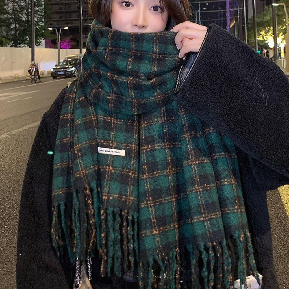 Plush Plaid Wool Scarf Tassel Long Shawl Simple Winter Cashmere Scarves  Student
