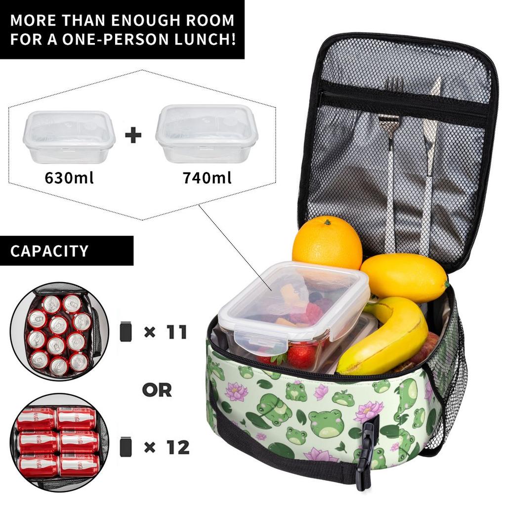 Cartoon Cute Frog Pattern On Lotus Leaves Insulated Lunch Bag for Women Kids Portable Food Boxes Thermal Lunch Box Tote