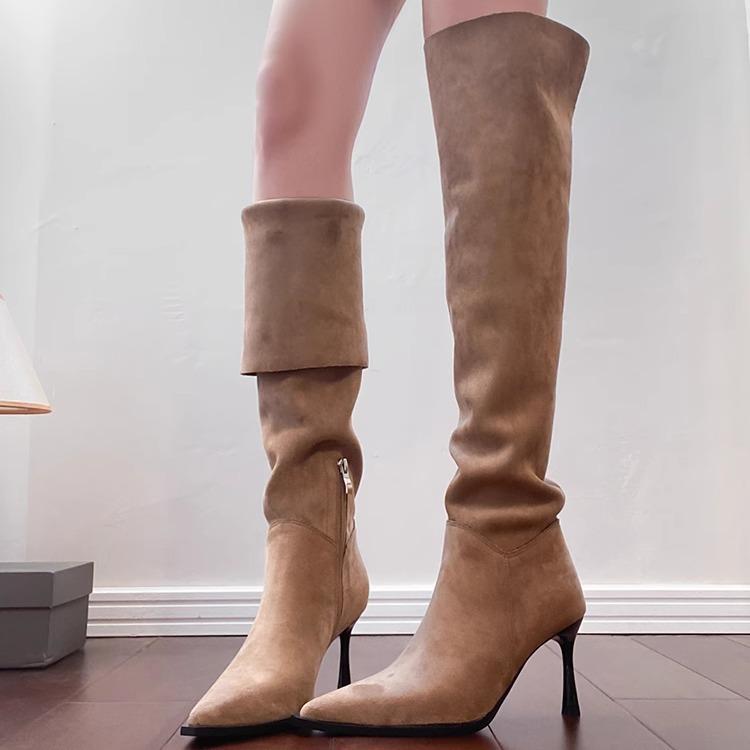 Vintage Suede High Heel Boots Women s Pointed Temperament Zipper Pleated Pile Boots Over Knee Versatile Knight Boots 40 хаки 4180₽