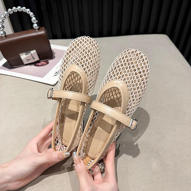 Fashion 2025 New Women's Flat Ballet Shoes Breathable Mesh Hollow out Slip-On Casual round Toe Rubber Sole Low Heel Single Shoes