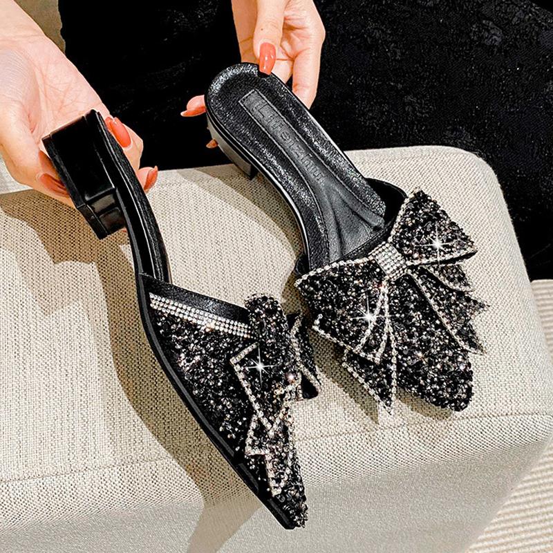 Fashion Glitter Sequins Bowknot Slippers Woman Low Heel Mules Shoes Slip On Pointed Toe Slides Party Pantufla Ladies Sparkling Flipflops