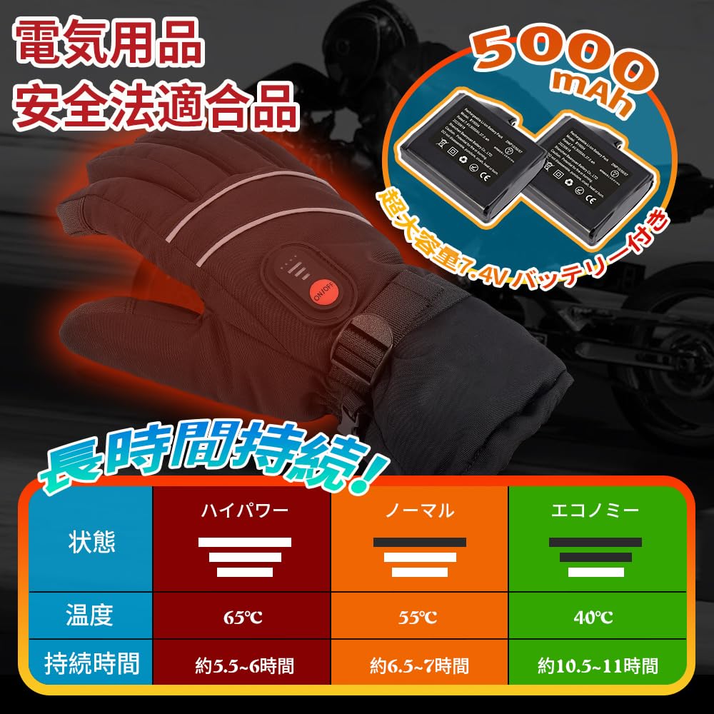 Heated Motorcycle Battery 3 Temperature Model Gloves, 7.4V/5000mAh, 11-Hour Life, Settings, Winter/Spring/Winter Protection, Waterproof, Unisex,