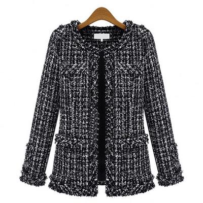 Fashion Spring Autumn Women's Jacket Black White Check Tweed Plus Size Jacket Women's Long Sleeved Coat