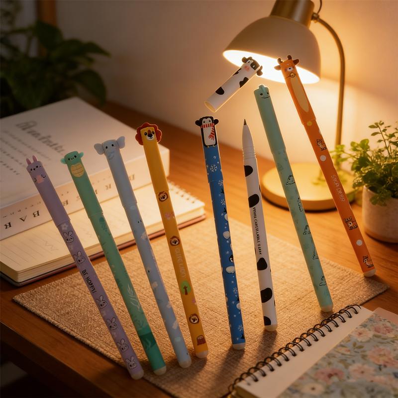 8-Pack Cute Animal Themed Erasable Gel Pens 0.5mm, Multicolored Ink for Smooth Writing, Ideal for Office School Stationery