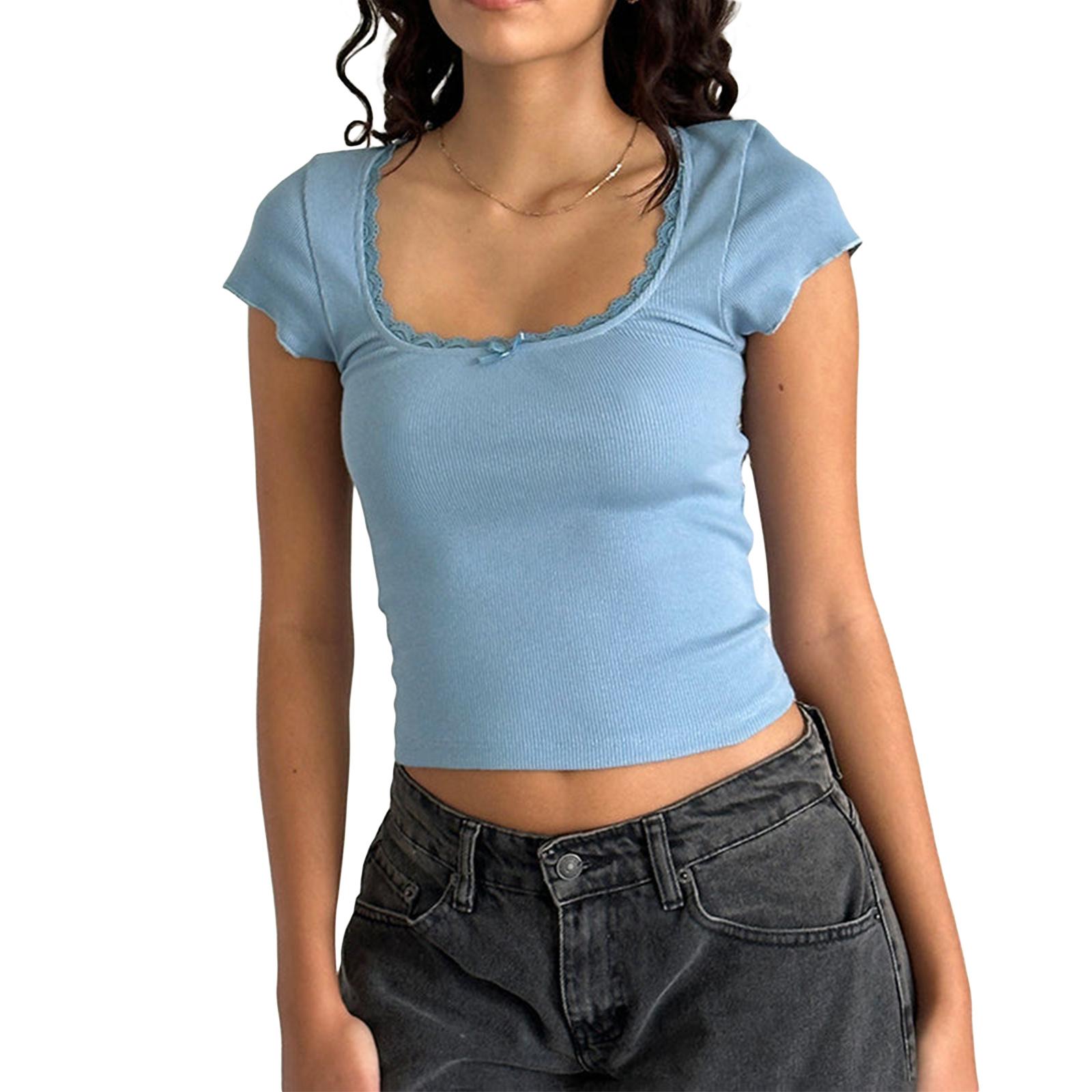 

Женская футболка с коротким рукавом, квадратным вырезом, кружевом, лоскутным бантом, летние топы, уличная одежда M небесно-голубой