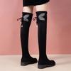 Fashion Elegant Heeled Rhinestone Round Toe Above Over The Knee Shoes Woman Autumn Winter Fleece-Lined Black Thigh High Boots for Women
