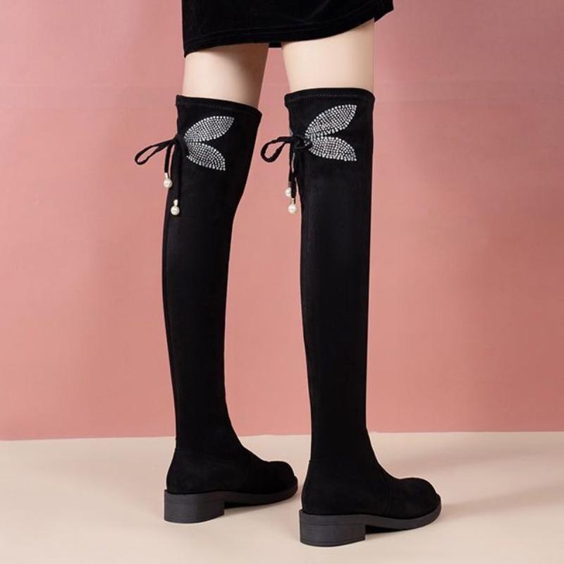 Fashion Elegant Heeled Rhinestone Round Toe Above Over The Knee Shoes Woman Autumn Winter Fleece-Lined Black Thigh High Boots for Women