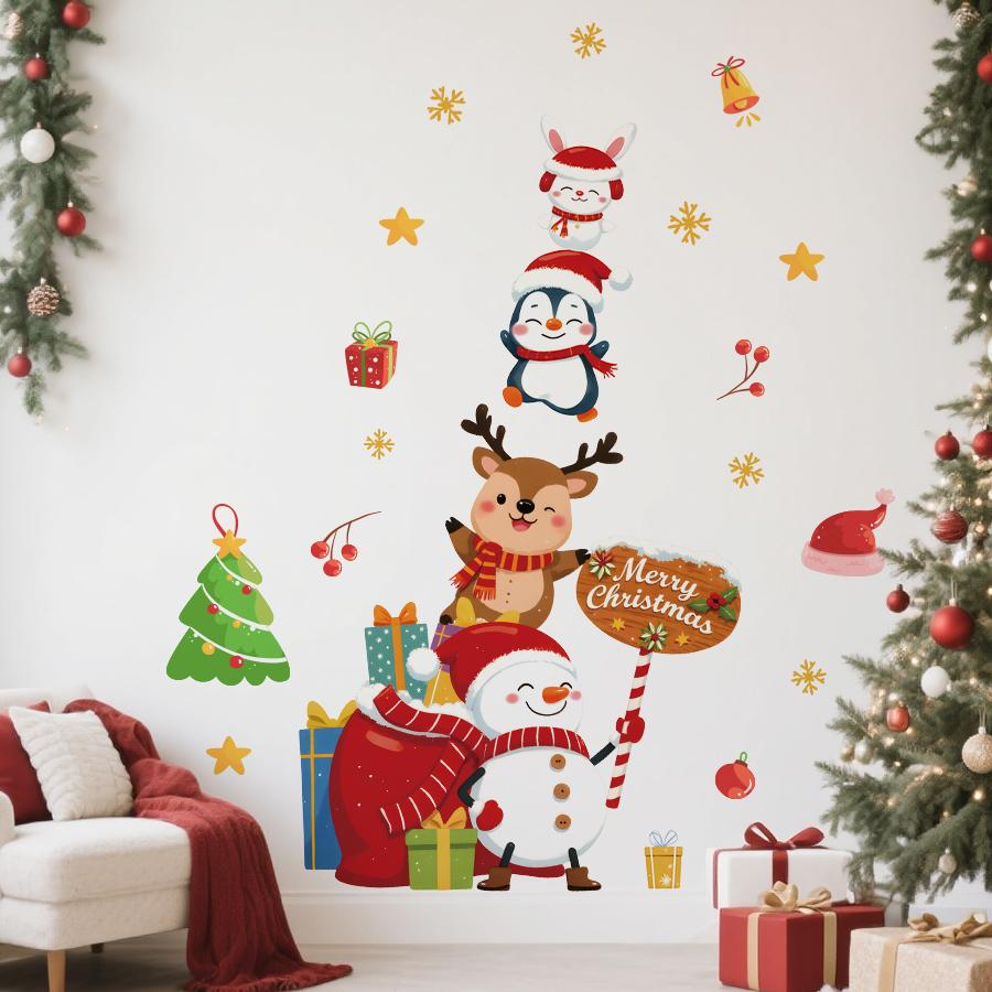 1pc Cartoons Animal Christmas Wall Stickers Removable PVC Holiday Decorations for Bedrooms, Living Rooms, Party Home Decoration
