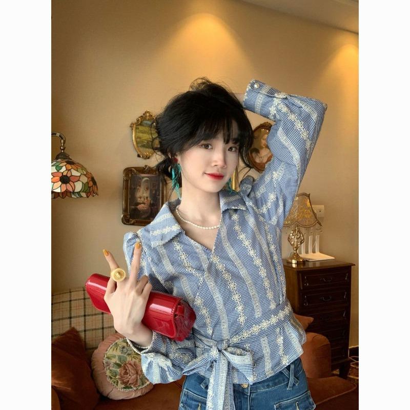 

Spring Women s Blue Gingham Lace Trim Tie Waist Long Sleeve Blouse S синий