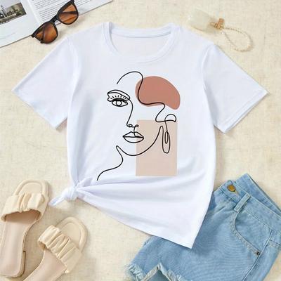 Camiseta Estampada com Rosto Feminino Padrão de Linhas Simples Roupas Casuais Soltas Confortáveis Moda Gola O Manga Curta Tops Camiseta