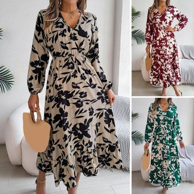 Lady Spring Fall Dress V Neck Floral Print Long Sleeves High Tight Waist