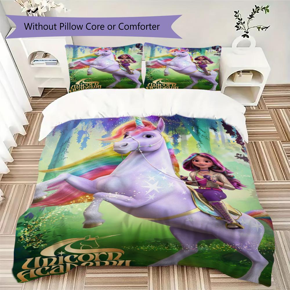Unicorn Academy Pattern Bedding Uilt Set Uilt Cover Pillowcase Home Decoration Birthday Gift (1 * Duvet Cover + 2 * Pillowcase Without Core)95