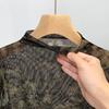 Flocking Mesh Base Shirt for Women New Women's Temperament Half-high Neck Printed T-shirt Perspective Top