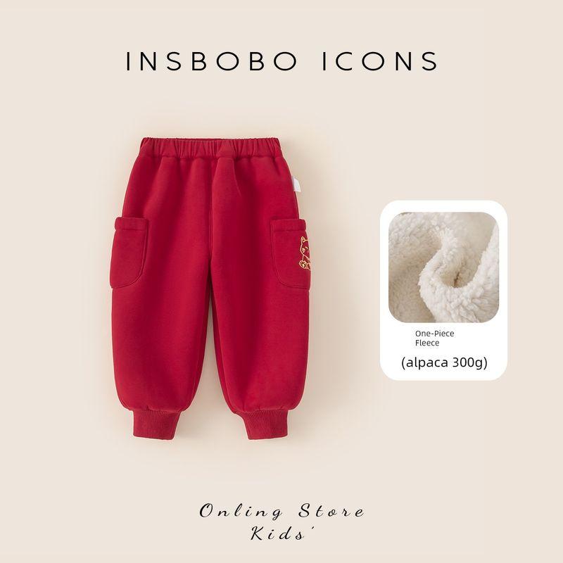 Insbobo Boys  Pants 2025 Winter New Children s Clothing Fleece-Lined Long Pants Boys  Thickened Sweatpants Red 80