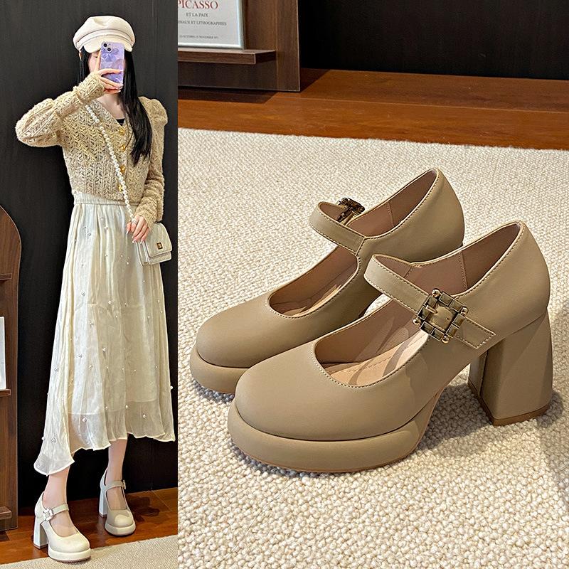 

Женские туфли на высоком толстом каблуке, одинарные туфли, весна, новый темперамент, легкий вырез, нежный ветер с юбкой, туфли Мэри Джейн 40