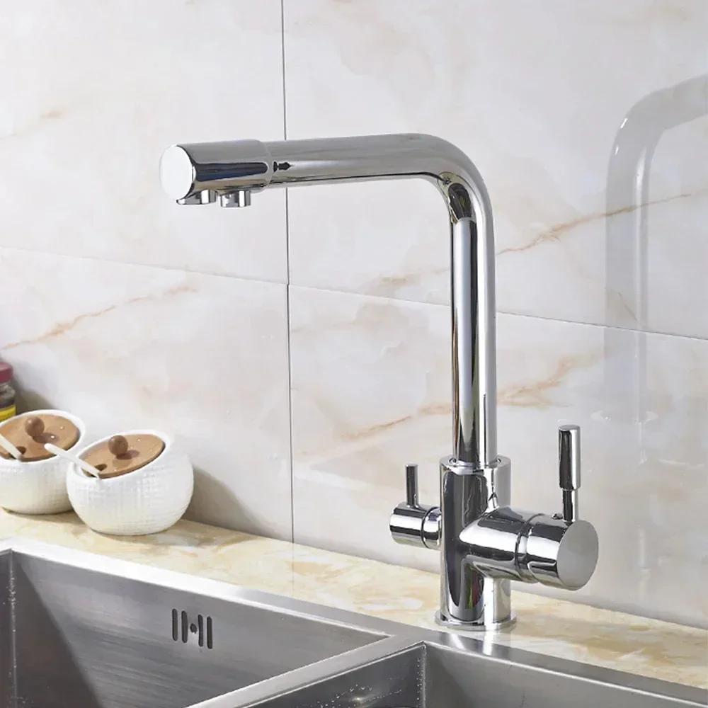 Copper Hot and Cold Modern Kitchen Sink Faucet Stainless Steel Dual Spout Drinking Water Filter Double Handle Sink Mixing Tap