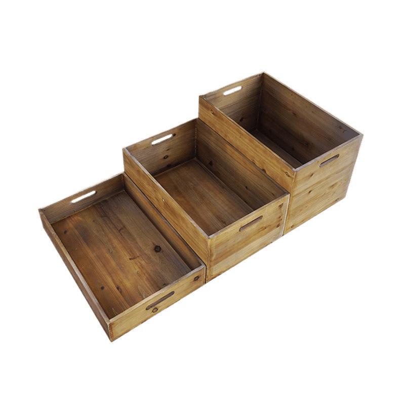 Vintage Wooden Storage Box with Frame - Solid Wood Display Basket